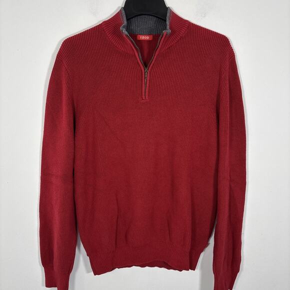 Izod 100% Cotton 1/4 Zip Ribbed Sweater Men XL Red Grey Preppy Classic Timeless - Picture 1 of 7